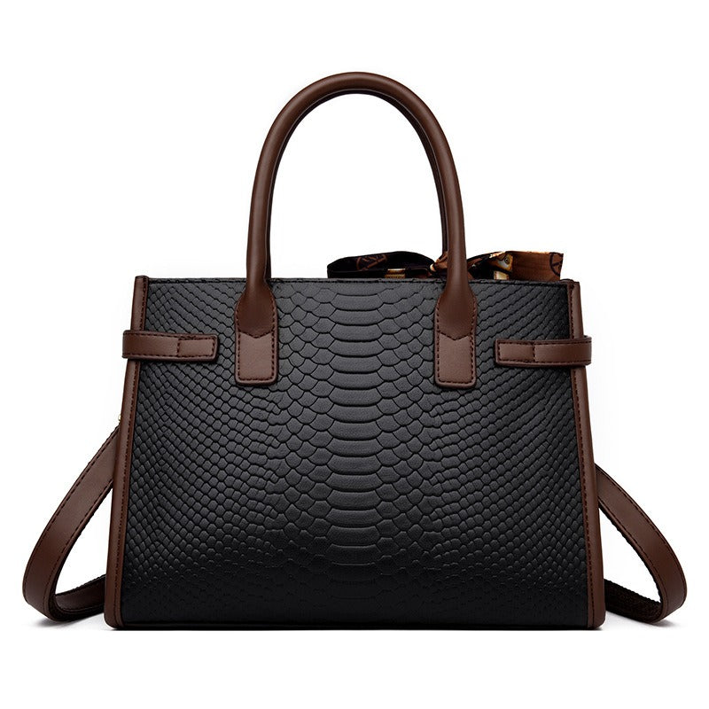 Stylish Leather Snakeskin Embossed Handbag for Women - Commuter Bag with Contrasting Colors