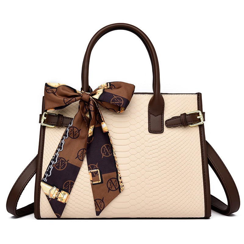 Stylish Leather Snakeskin Embossed Handbag for Women - Commuter Bag with Contrasting Colors
