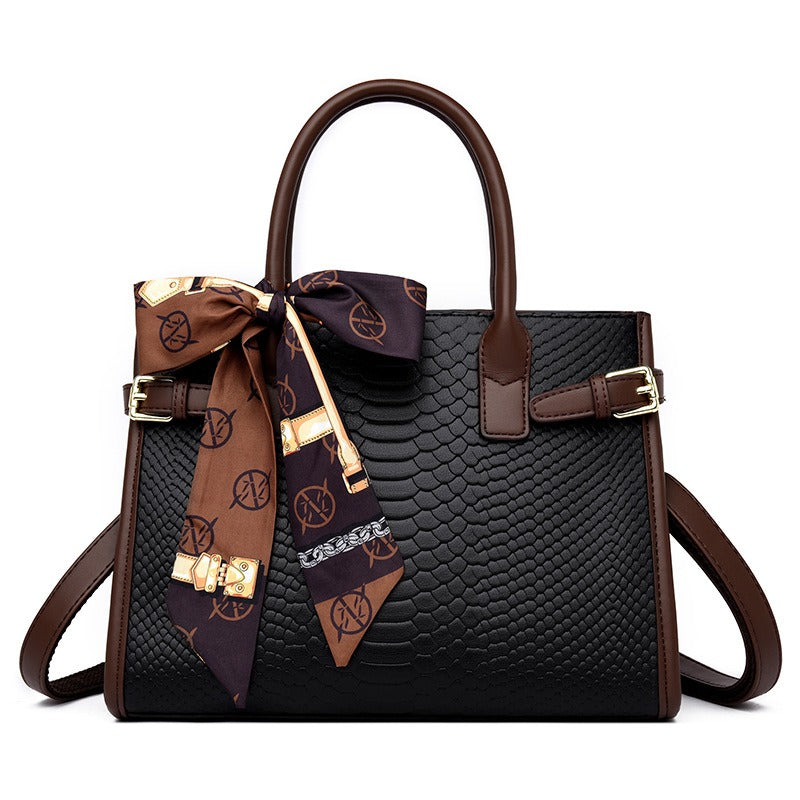 Stylish Leather Snakeskin Embossed Handbag for Women - Commuter Bag with Contrasting Colors