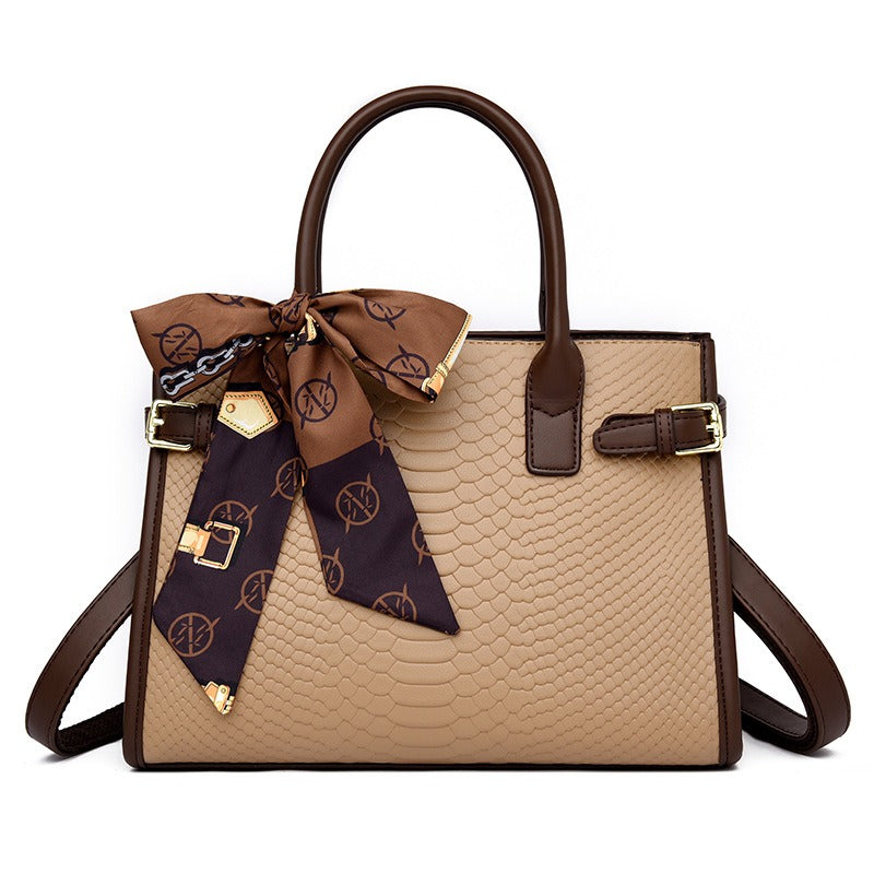 Stylish Leather Snakeskin Embossed Handbag for Women - Commuter Bag with Contrasting Colors