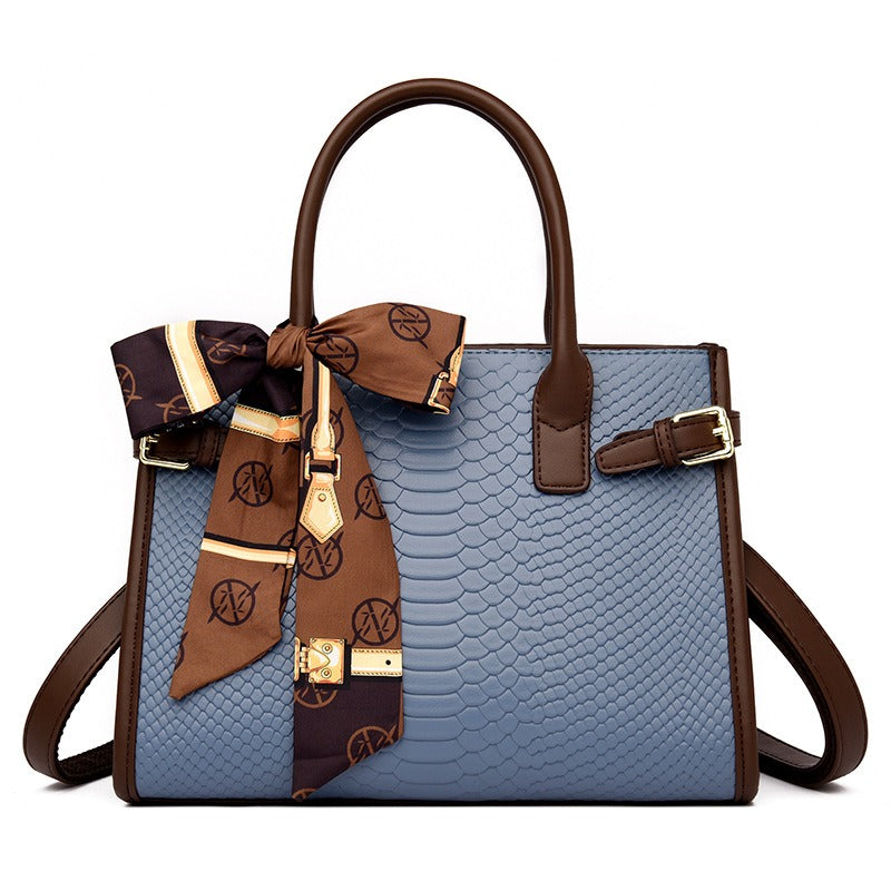 Stylish Leather Snakeskin Embossed Handbag for Women - Commuter Bag with Contrasting Colors